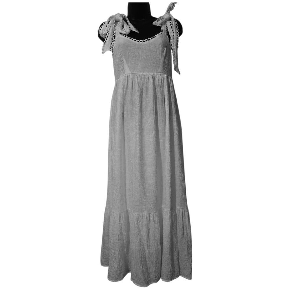 blu pepper White Maxi Dress Small Tie Shoulder Straps Crinkled Texture